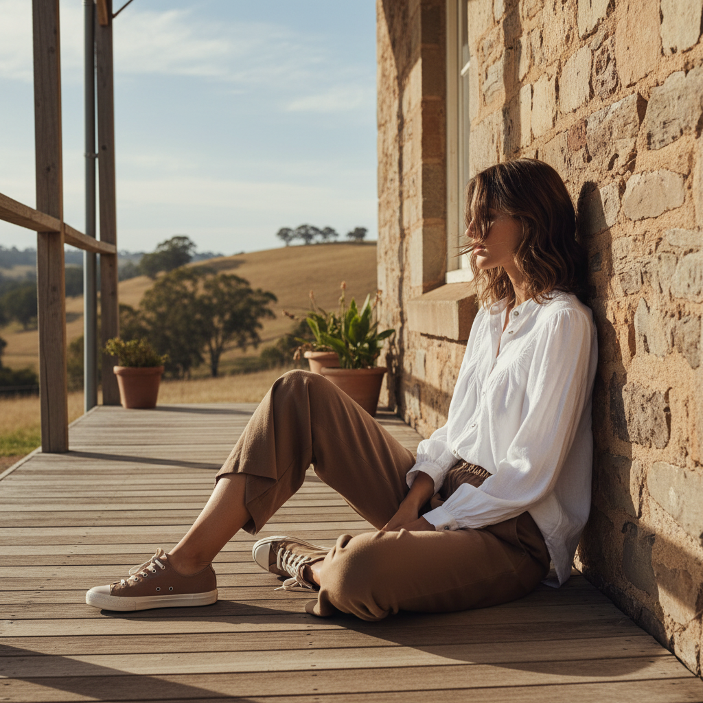 girl wearing a linen White button-up shirt sitting on veranda
