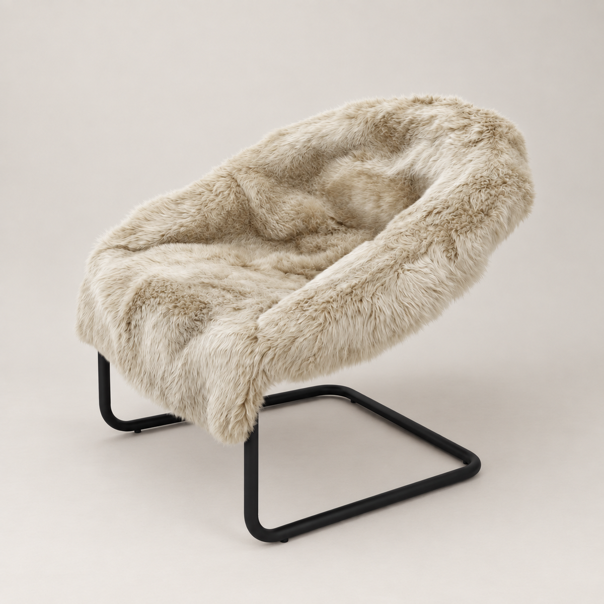 A modern accent chair featuring a plush, shaggy faux-fur seat and back in a light beige color, supported by a sleek black metal cantilever base, set against a solid warm beige background.
