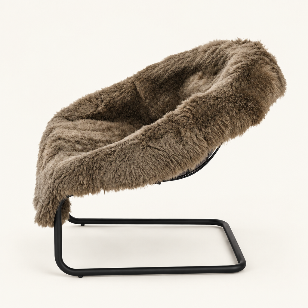 A modern lounge chair featuring a plush, shaggy faux-fur seat cushion in a taupe-brown color, supported by a minimalist black metal frame, set against a solid light beige background.