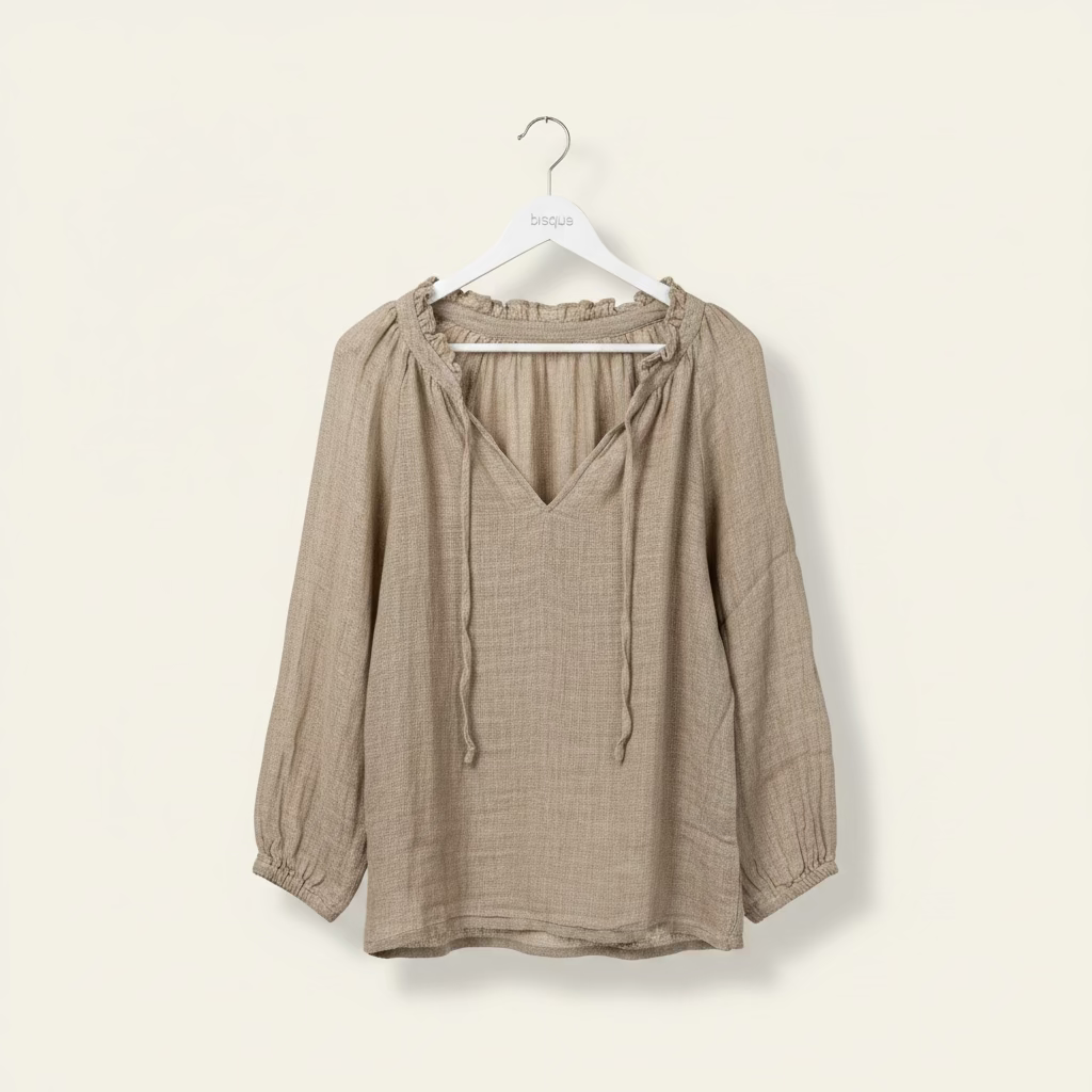 Italian Linen : Sussana: Mesh Puff Long Sleeve Linen Top, One Size | Natural