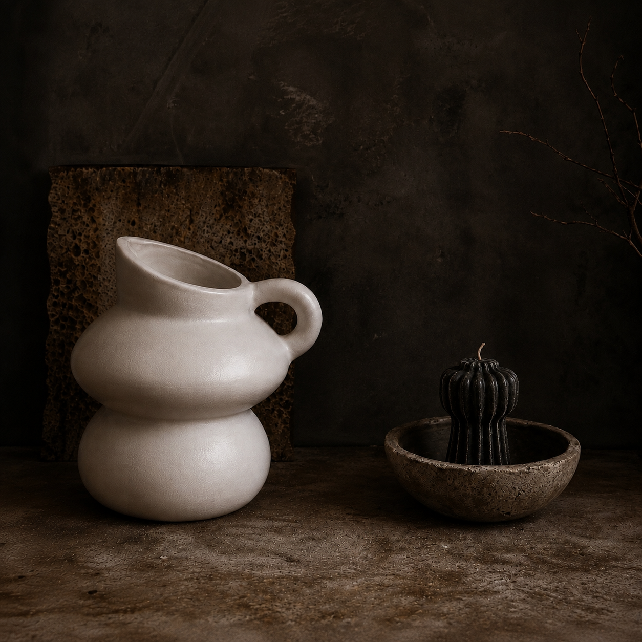 A matte off-white ceramic pitcher with a rounded, stacked-bulb shape and a side loop handle, styled on a rustic dark brown surface next to a small textured bowl containing a dark ribbed candle.