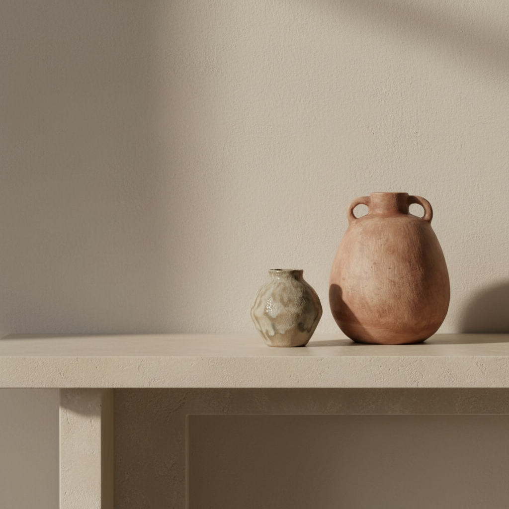 A rustic, matte-finish terracotta clay vase with two loop handles and a rounded body, shown on a clean, light beige background.