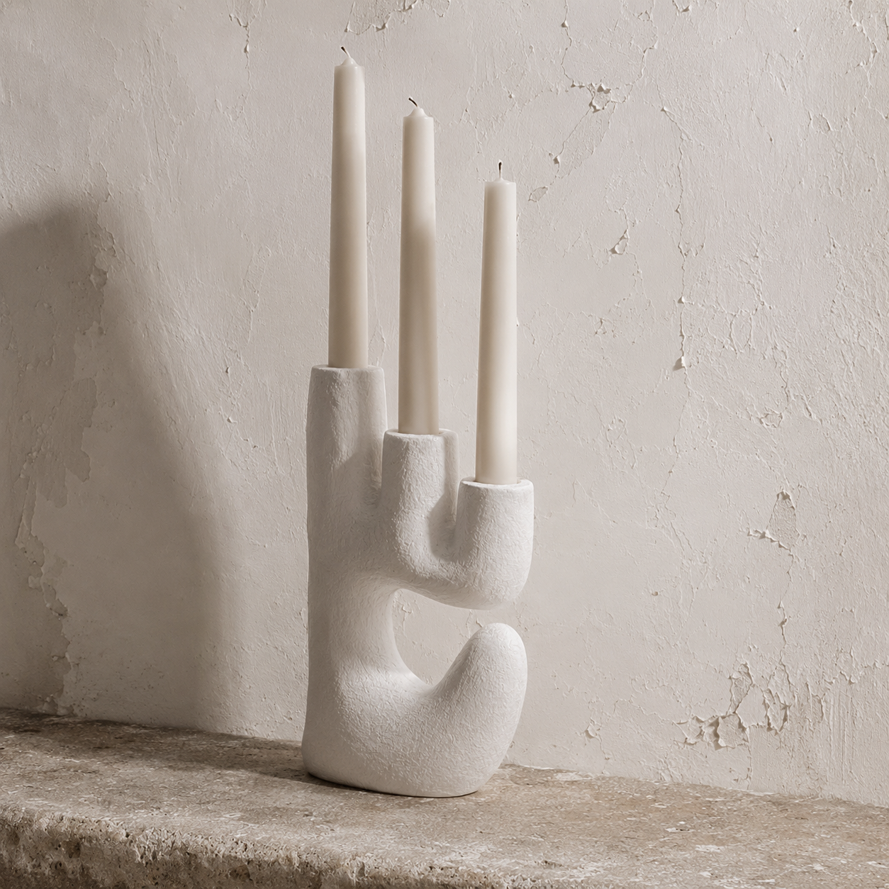 Teo : Triple Candle Holder Whitewashed