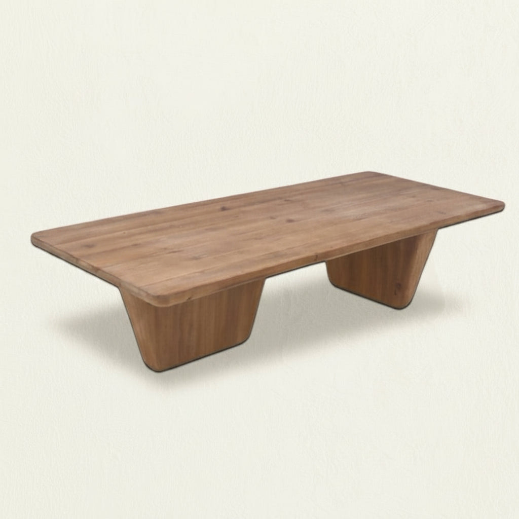 reclaimed wood coffee table asymmetrical legs, wabi sabi style