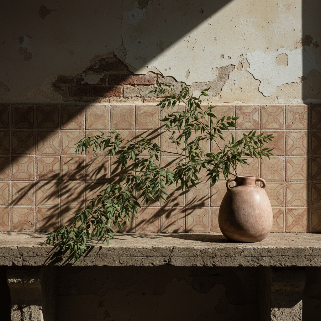 A small rustic clay vase with two loop handles and a rounded body, shown on a plain light beige background.