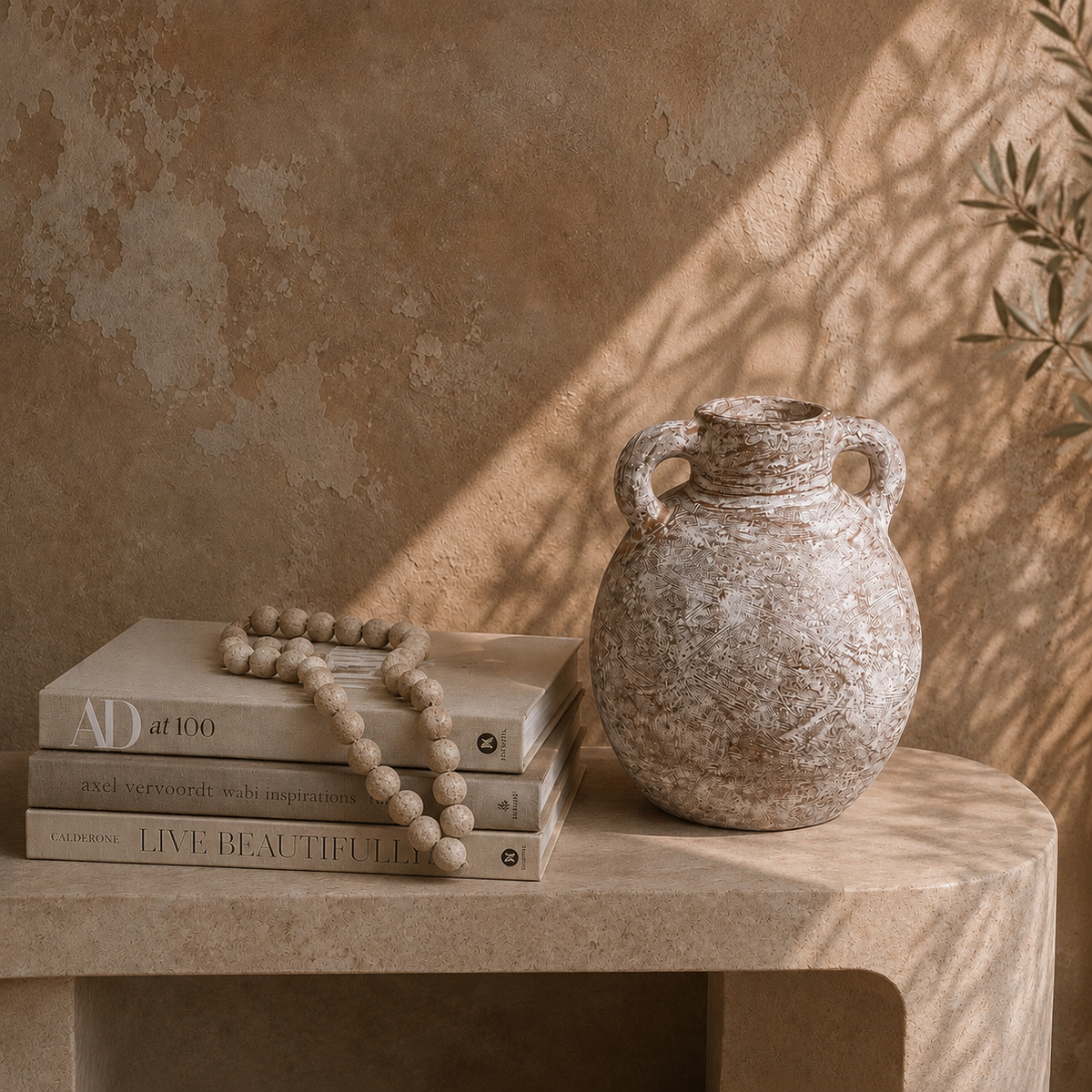 A rustic beige ceramic vase with two handles sits on a stone table beside stacked books and a wooden bead necklace, against a textured stucco wall with dappled sunlight and leaf shadows.