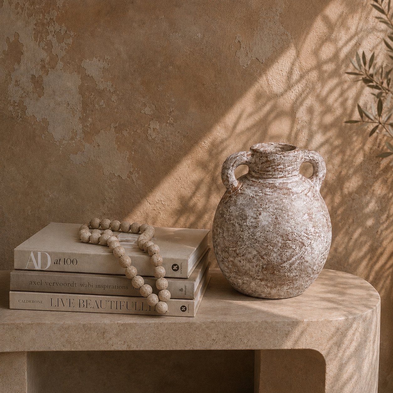 A rustic beige ceramic vase with two handles sits on a stone table beside stacked books and a wooden bead necklace, against a textured stucco wall with dappled sunlight and leaf shadows.