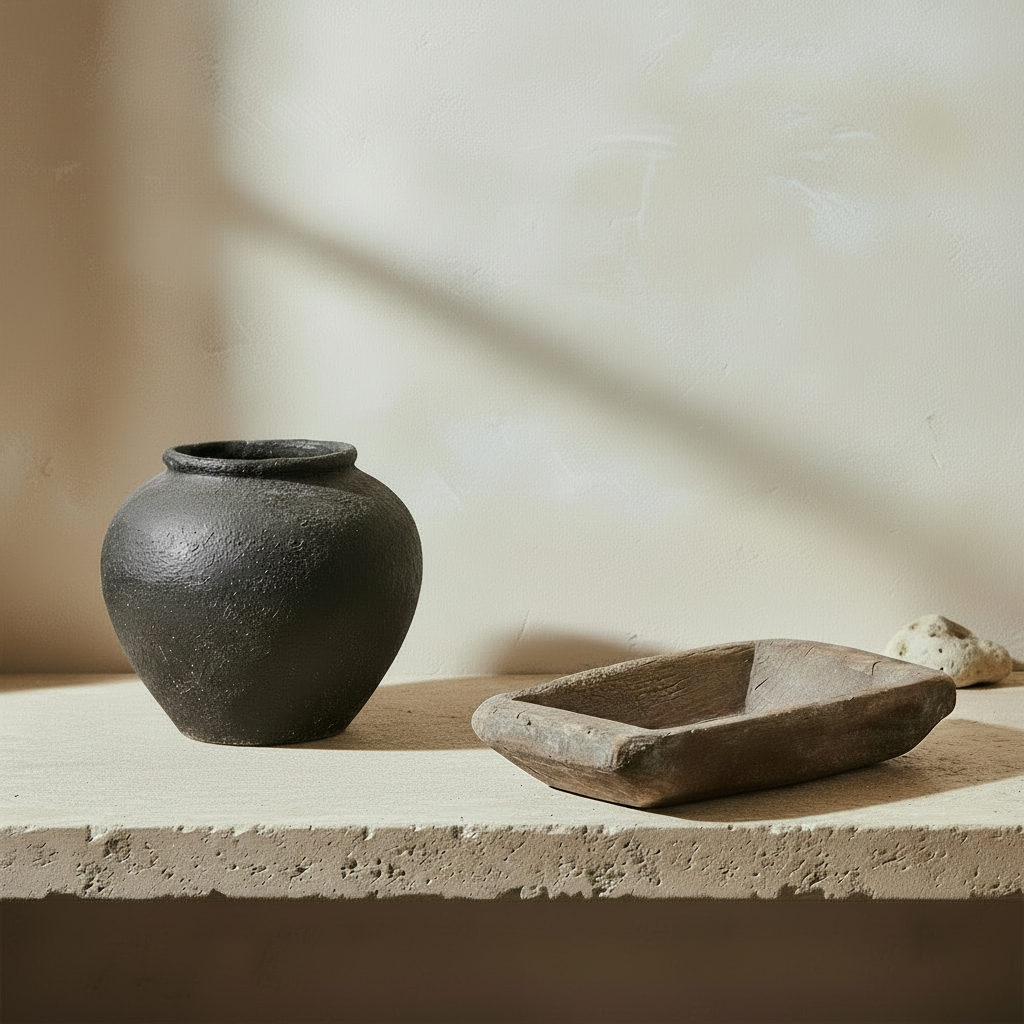 Two rustic rectangular wooden bowls with a weathered, natural finish resting on a textured stone ledge against a warm plaster wall with soft shadows.