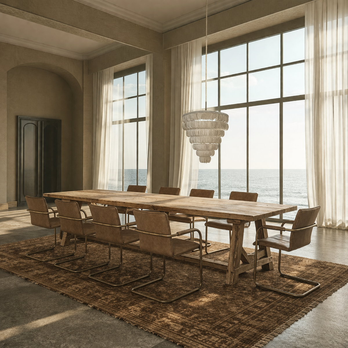 
Dining room with a long wooden table and chairs near large windows with a view of the ocean