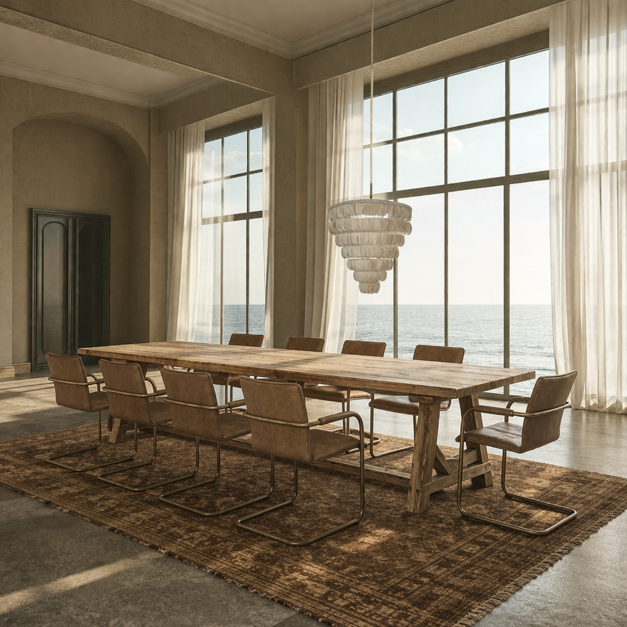 
Dining room with a long wooden table and chairs near large windows with a view of the ocean