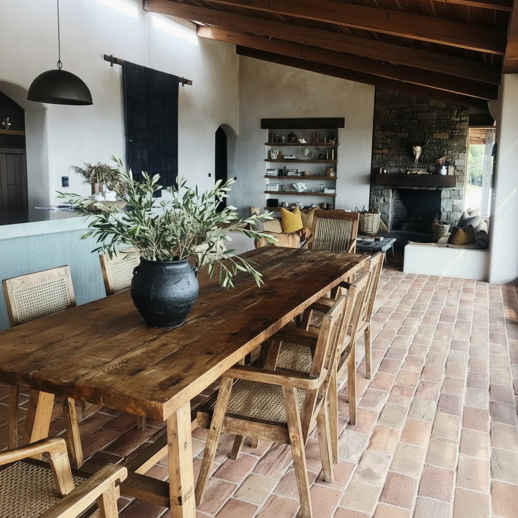 Wooden dining table with chairs in a rustic kitchen setting
