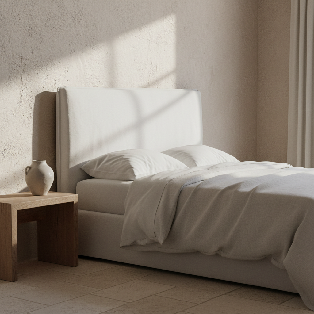 White upholstered headboard on a white wabi sabi background