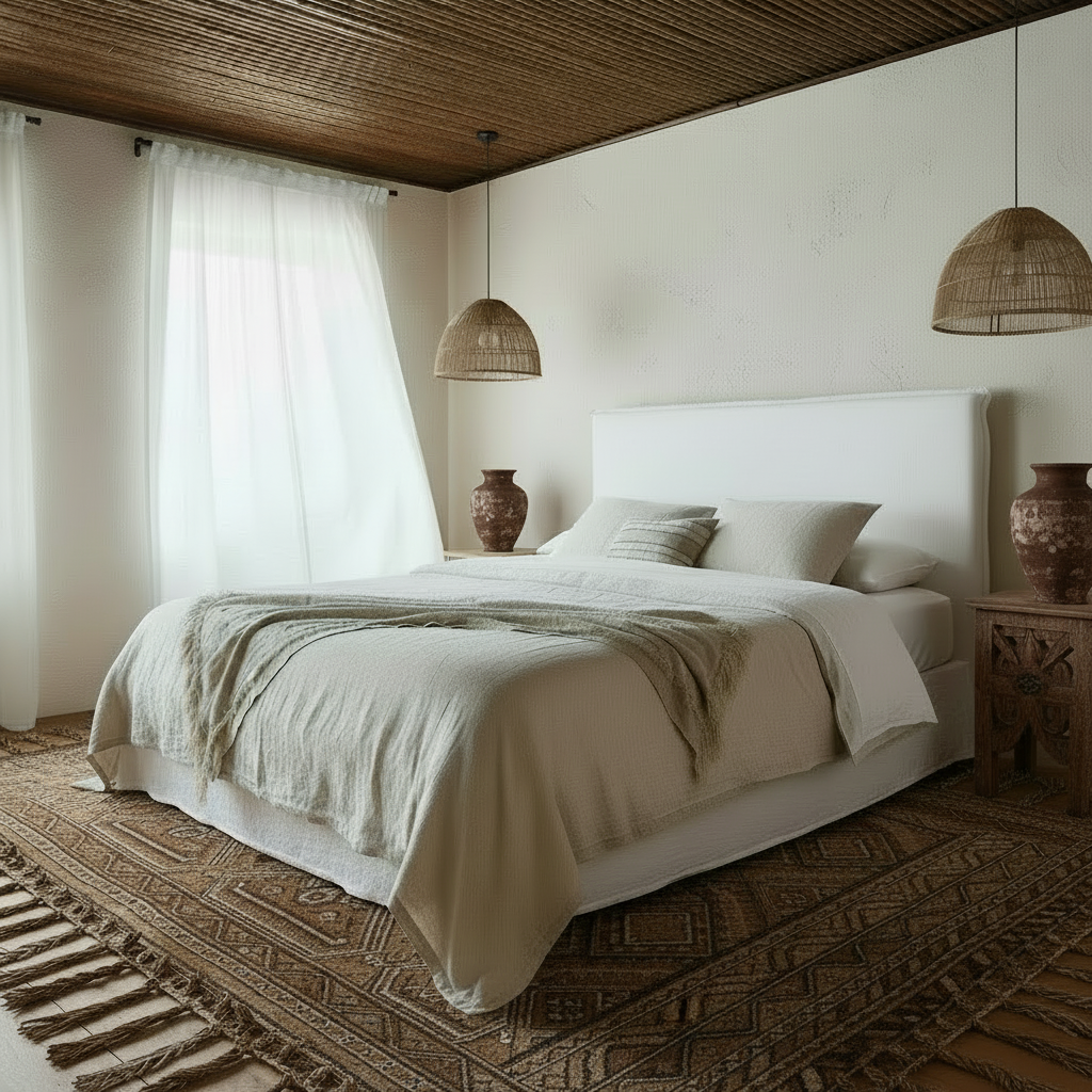 white linen bedhead in bedroom scene