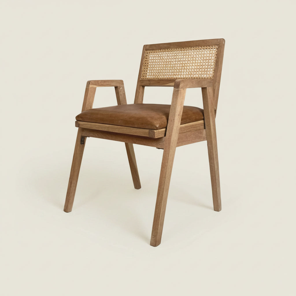 zayn tan leather and rattan modern dining chairs, bisque traders