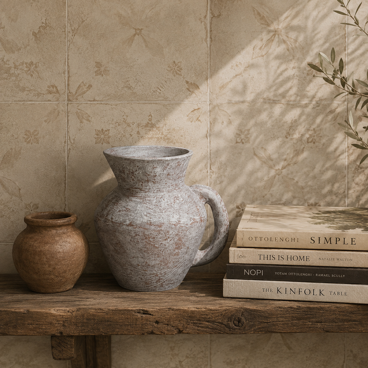 A rustic interior scene with a large speckled gray ceramic pitcher on a wooden shelf beside a smaller brown clay pot and a stack of books, set against a beige patterned tile wall with soft leaf shadows.