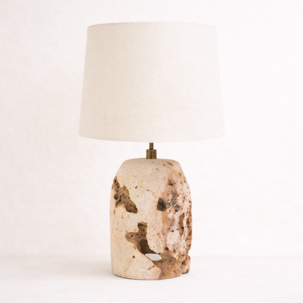 Table lamp with a fossilised coral base and white shade on a light background