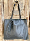 Black Leather Tote Bag With Tassels
