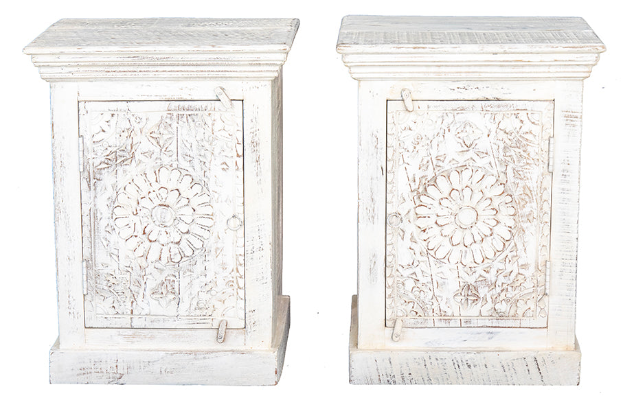 Magda : Indian Wooden Bedside Cabinet, Whitewashed Right Hand Opening