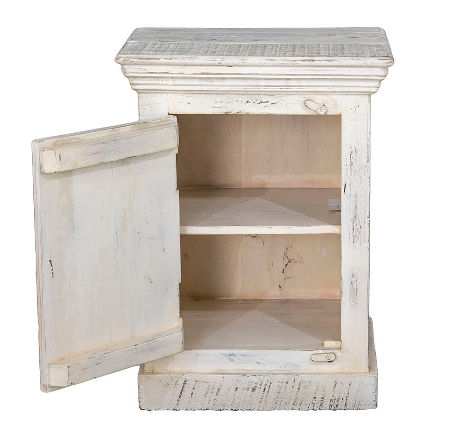Magda : Indian Wooden Bedside Cabinet, Whitewashed Right Hand Opening