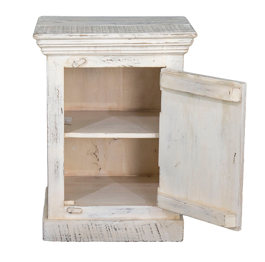 Magda : Indian Wooden Bedside Cabinet, Whitewashed Right Hand Opening
