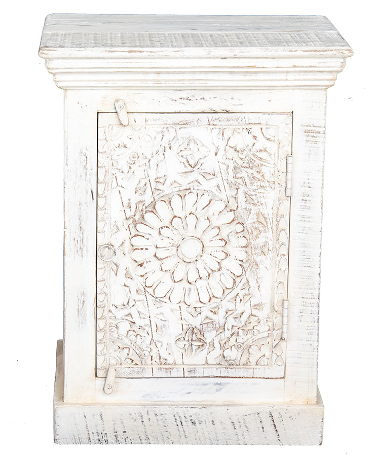 Magda : Indian Wooden Bedside Cabinet, Whitewashed Right Hand Opening