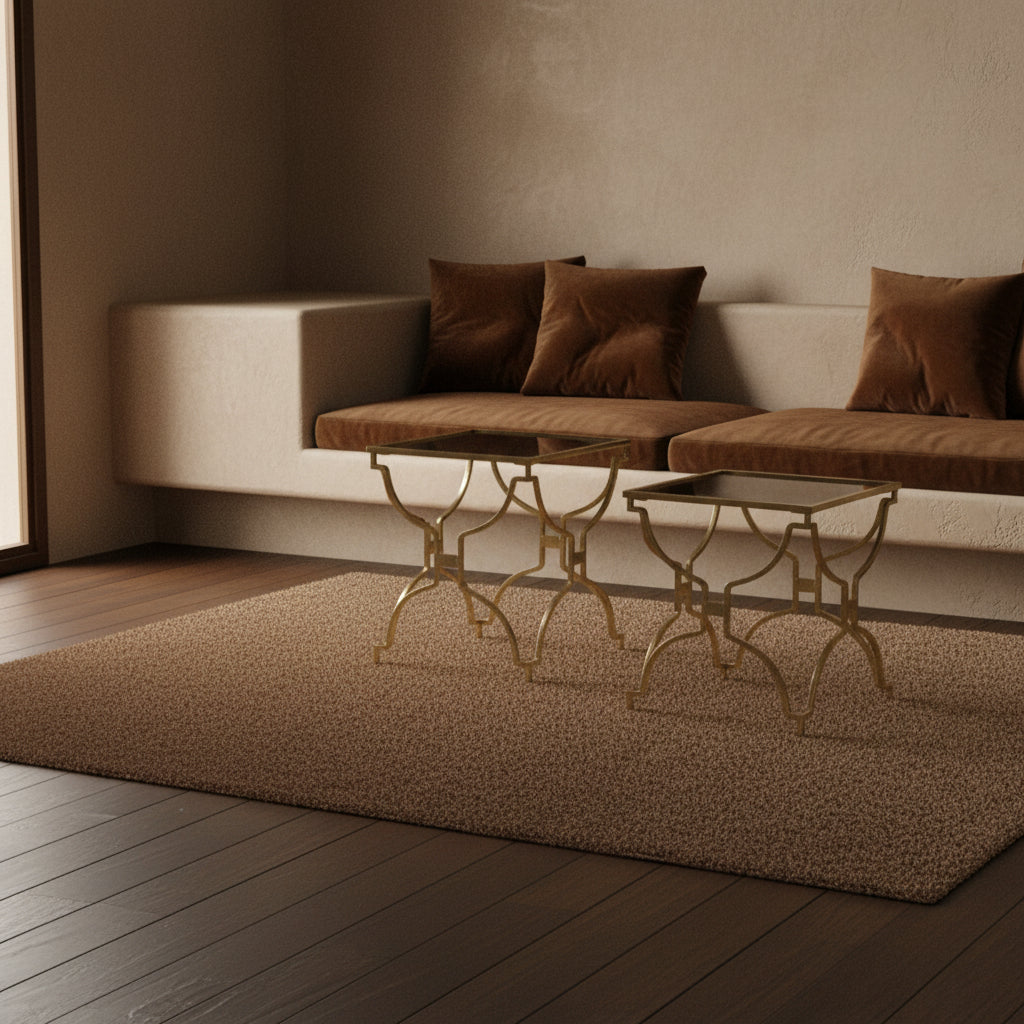 Vera : Set/2 Metal with Brass Finish Moroccan Style Side Table with a Smokey Glass Top