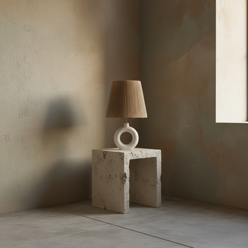 A terracotta table lamp with a rafia shade, featuring a white base and raffia shade.