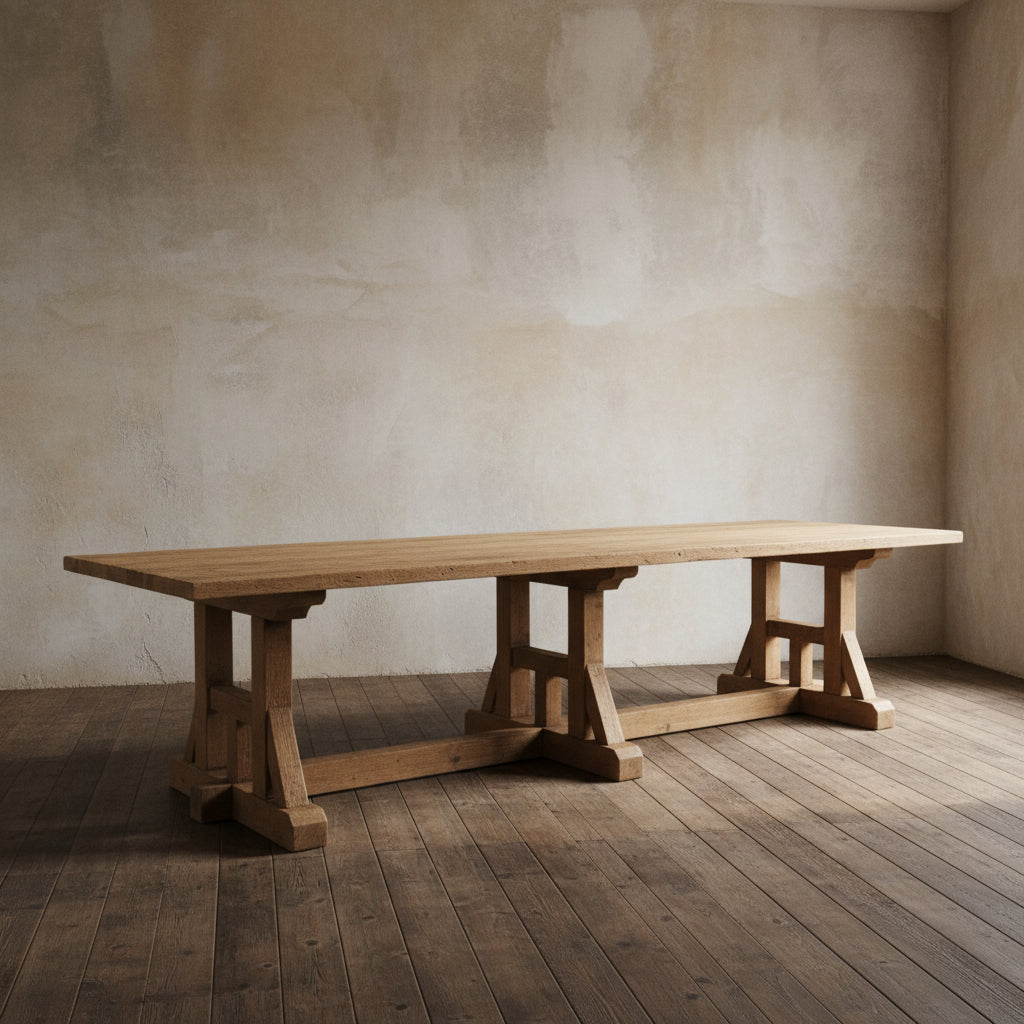 A 3.2m dining table made of recycled pine with a rustic design, featuring a natural wood finish and a sturdy trestle base.