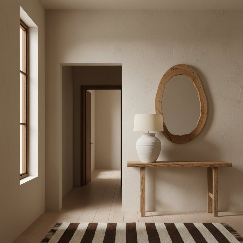 A terracotta white table lamp base, accompanied by a plain beige lampshade.