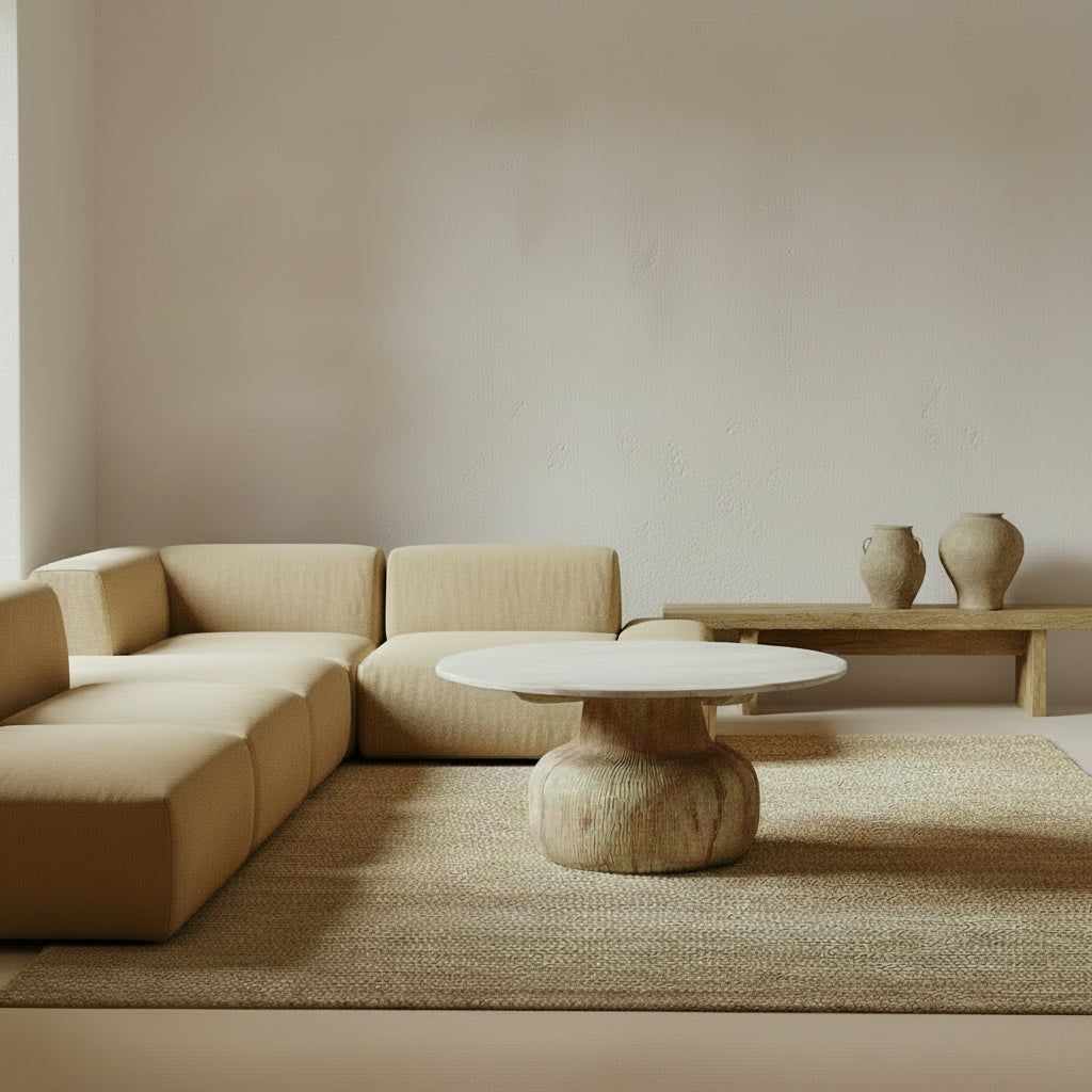 round reclaimed wood and marble coffee table in a wabi sabi setting.