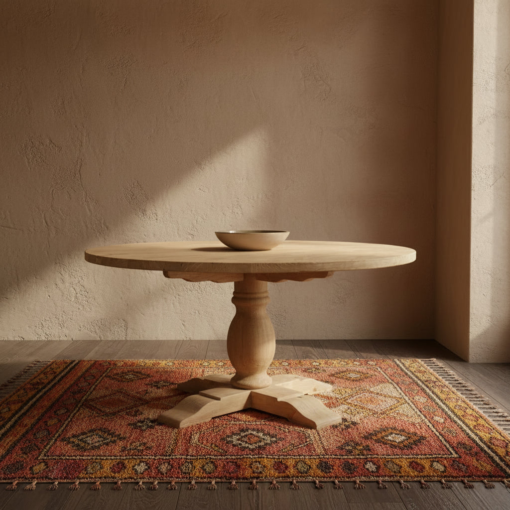 Round wooden table with a pedestal base on a mocha background with moroccan rug on floor