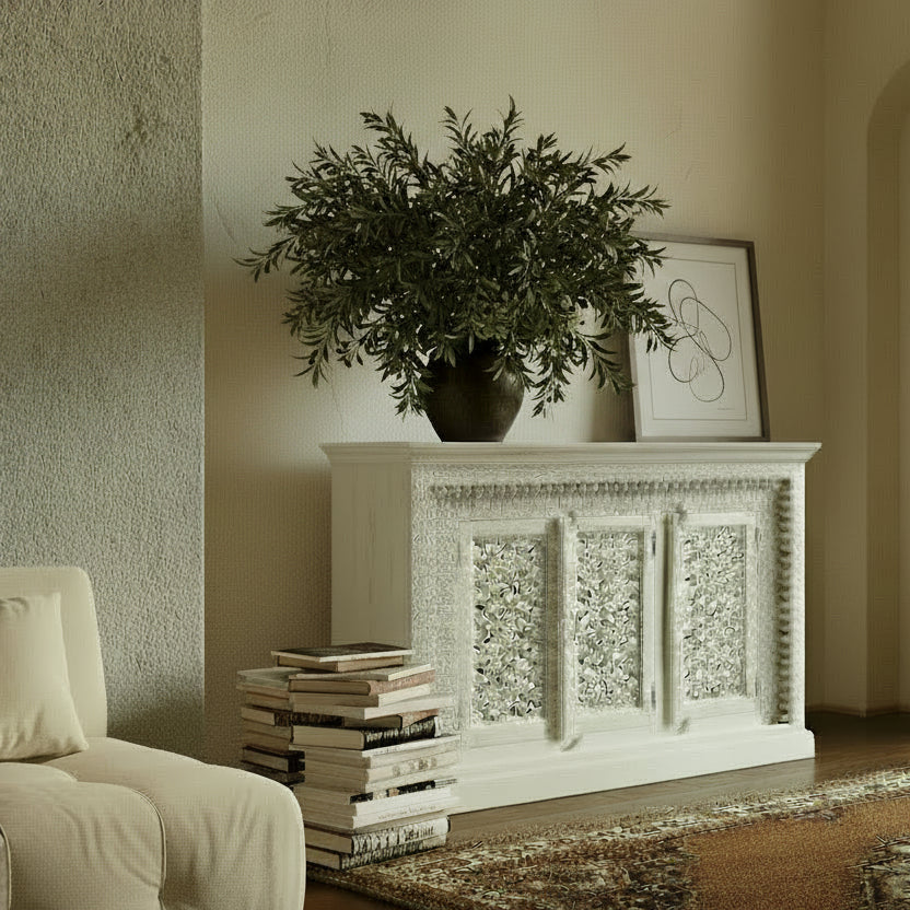 Mahin whitewashed 3 door cabinet, carved