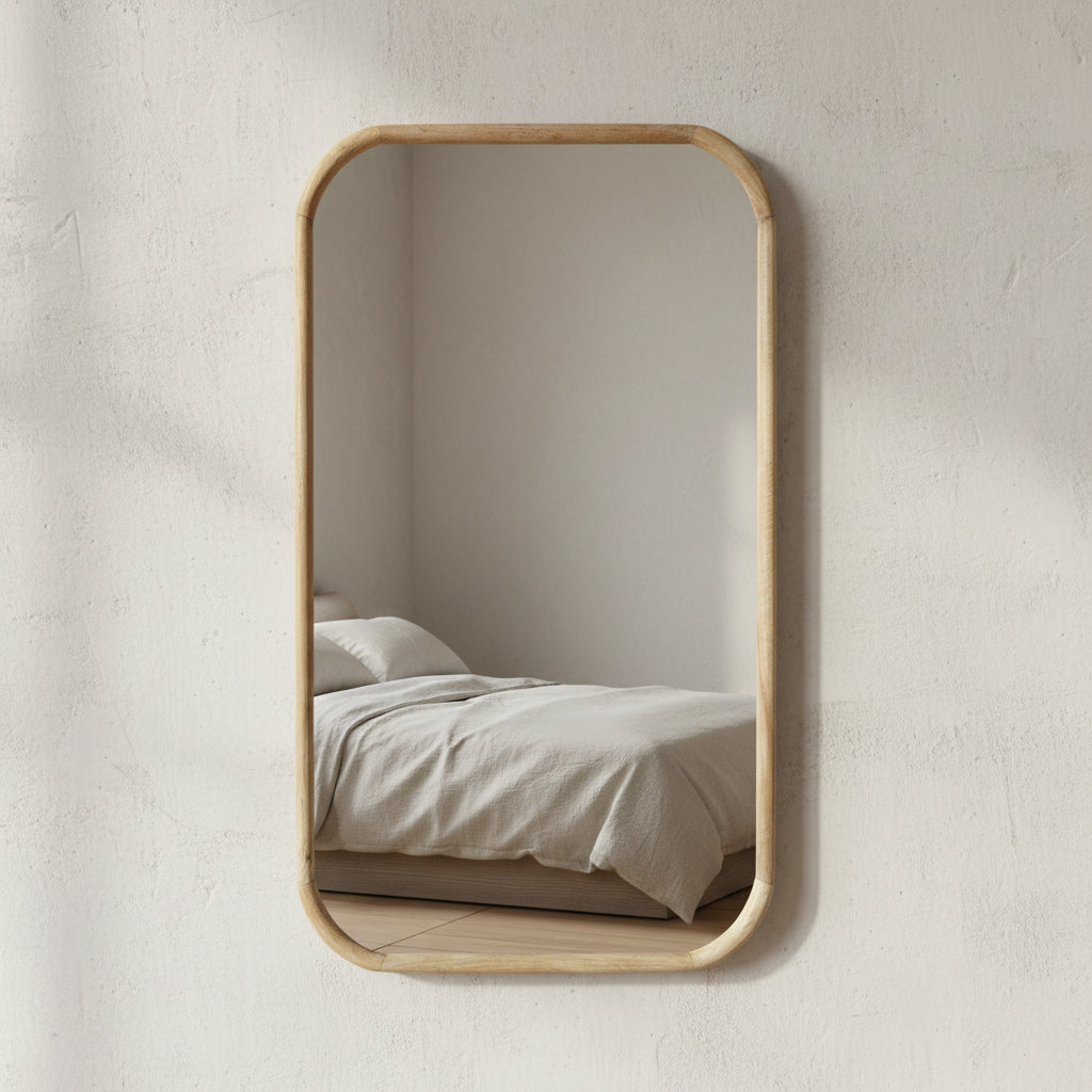 A rectangular wooden mirror with a visible wooden frame.