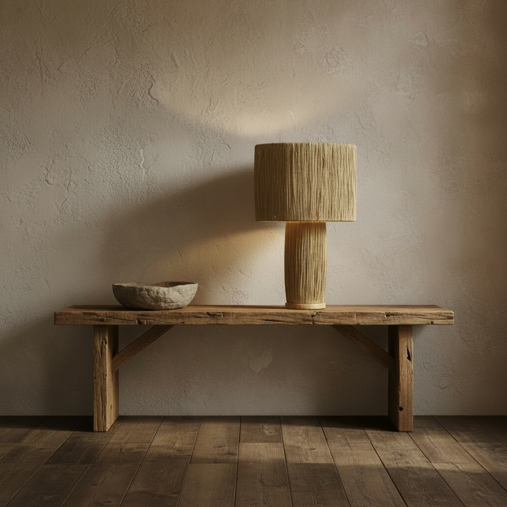 A table lamp with a cylindrical shade and matching base made from raffia shown on a plain white background.