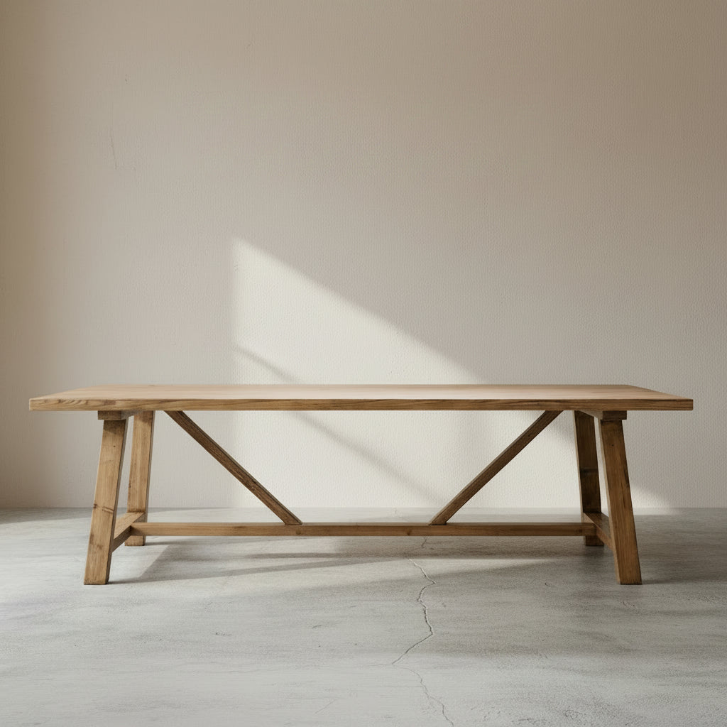A reclaimed wood farmhouse dining table with a simple trestle base, pictured without any tableware or decorations.